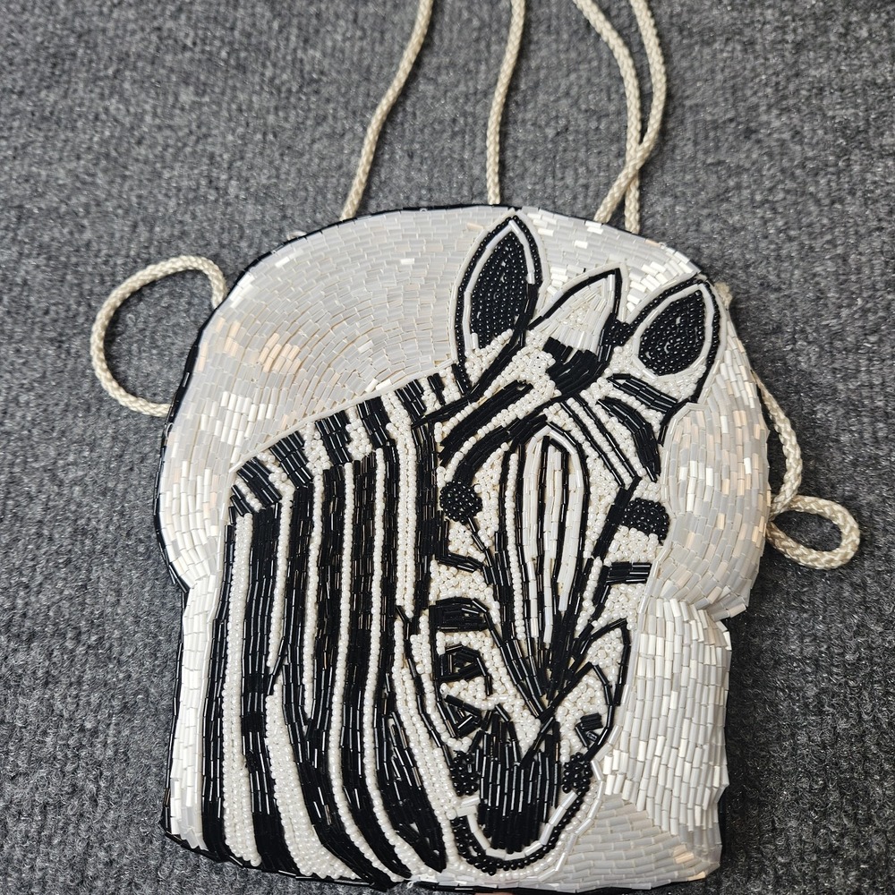 Vintage Beaded Zebra Purse Sequins  90s Cord Strap
